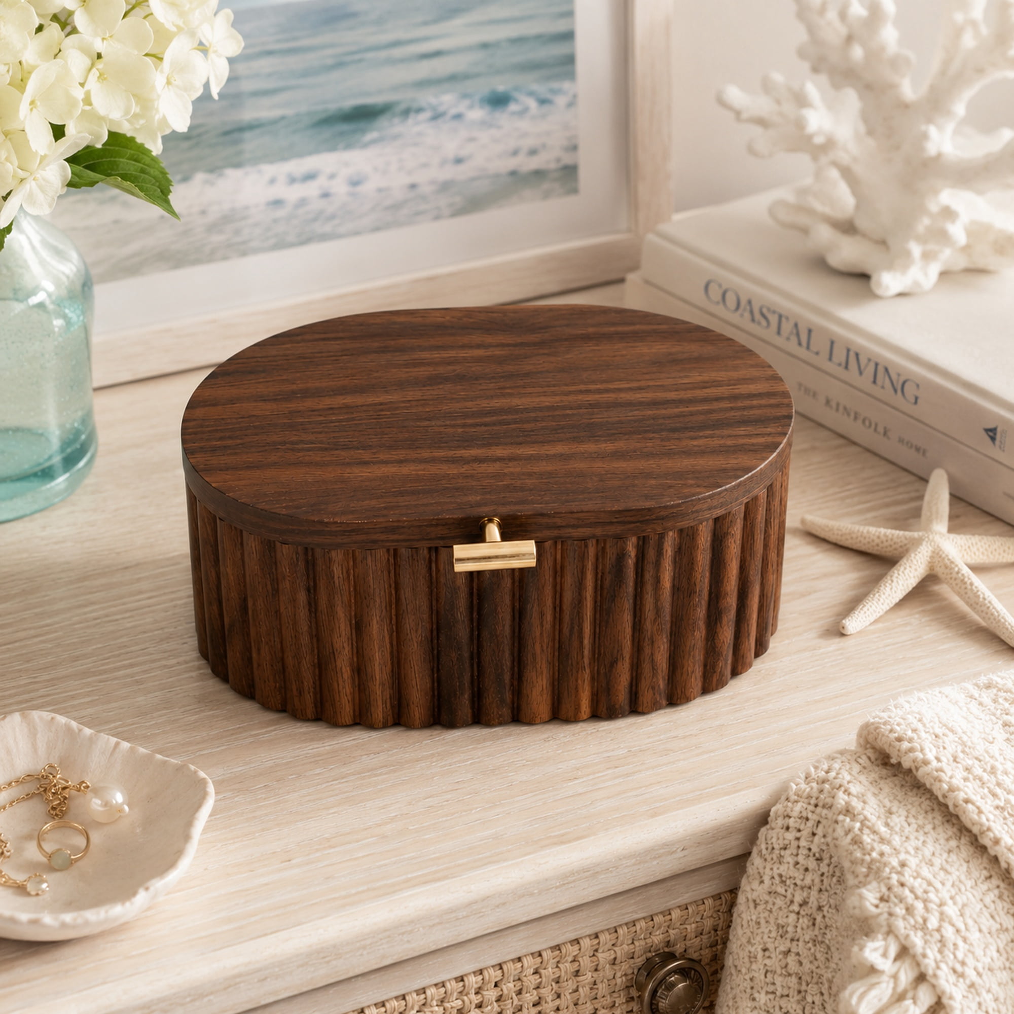 Better Homes & Gardens Oval Scalloped Wood Jewelry Box with Lid, Natural, Decorative Storage