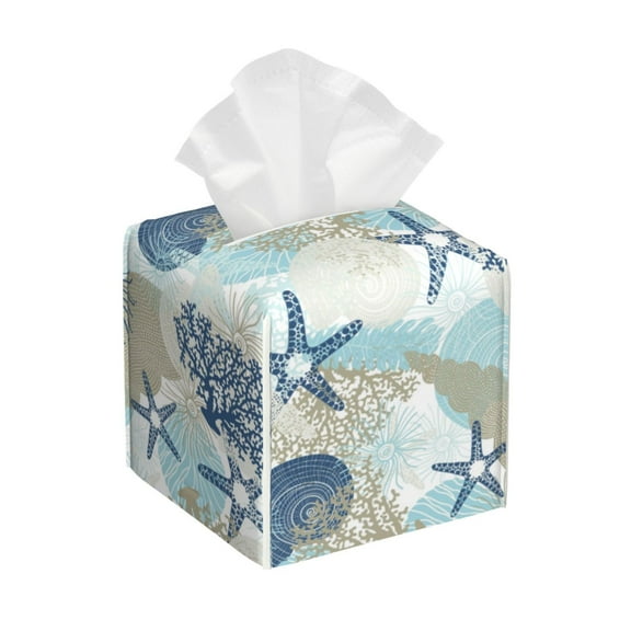 Naloa Algae Corals and Seashells Tissue Box CoverLeather Tissue Holder Square Facial Tissue Case Facial Paper Organizer Dispenser for Bathroom, Vanity Countertop, Tabletop, Car