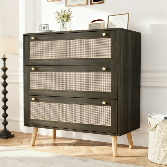 Farmhouse Rattan Dresser with 3 Drawers - Wooden Storage Chest for Bedroom, Living Room & Hallway, Vintage Style Organizer