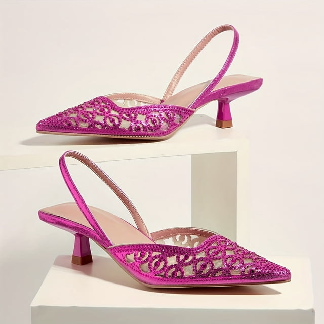 Chic & Comfortable All-Season Kitten Heels with Sparkling Rhinestones, Pointed Toe, and Breathable Mesh Design Shoes for Women Girls
