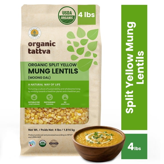 Organic Tattva Yellow Split Mung Beans Lentils 4LB, Dry Moong Dal, Vegan, Kosher, No Additives, Gluten Free, USDA Certified