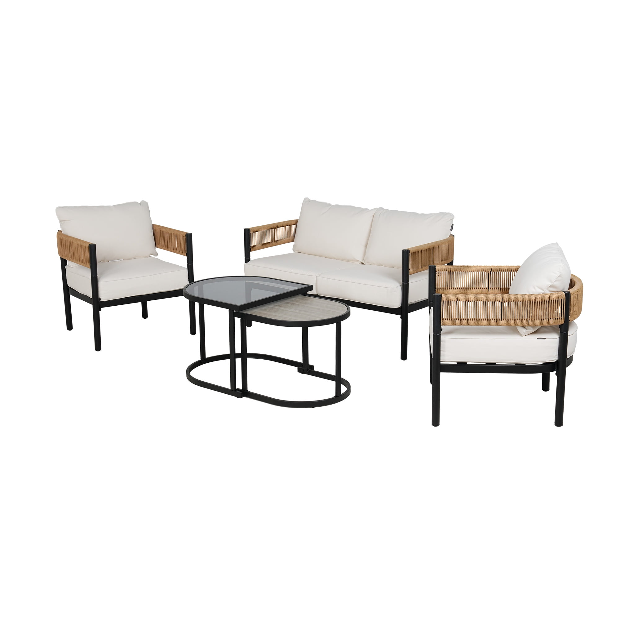 GRANDPATIO Woven Wicker 5-Piece Steel Outdoor Conversation Sets with Cushion, Khaki Wicker & Beige Cushion