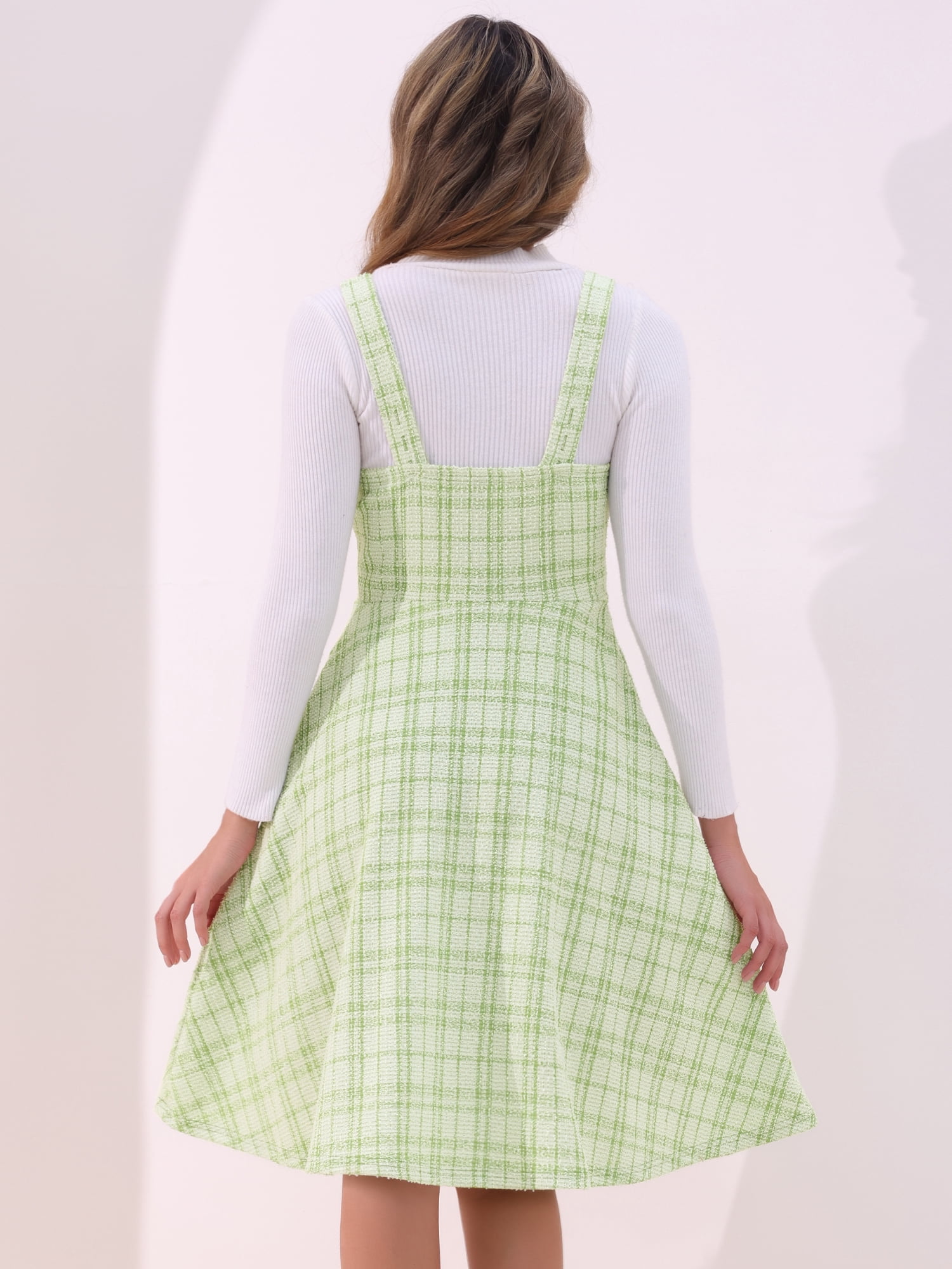 DARING DIVA Women's Sleeveless Square Neck Plaid A Line Pinafore Dresses L Green