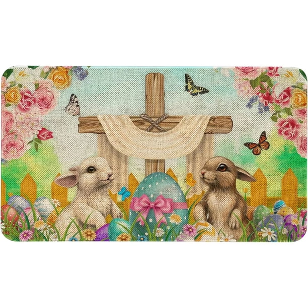 Felpudo decorativo con forma de conejo de Pascua, para interior y exterior, con diseño de flores y camión, para pasillo