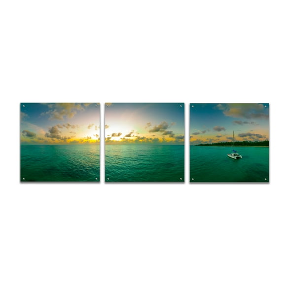 Epic Art 'Seychelles - Denise Island Sunset' by Epic Portfolio, Acrylic Glass Wall Art, 3 Piece Set, 72" x 24"