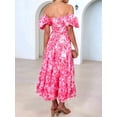 thumbnail image 4 of Women'S Summer Casual Midi Dress Puffy Short Sleeve Square Neck Smocked Tiered Ruffle Dresses Pink Flowers S, 4 of 5