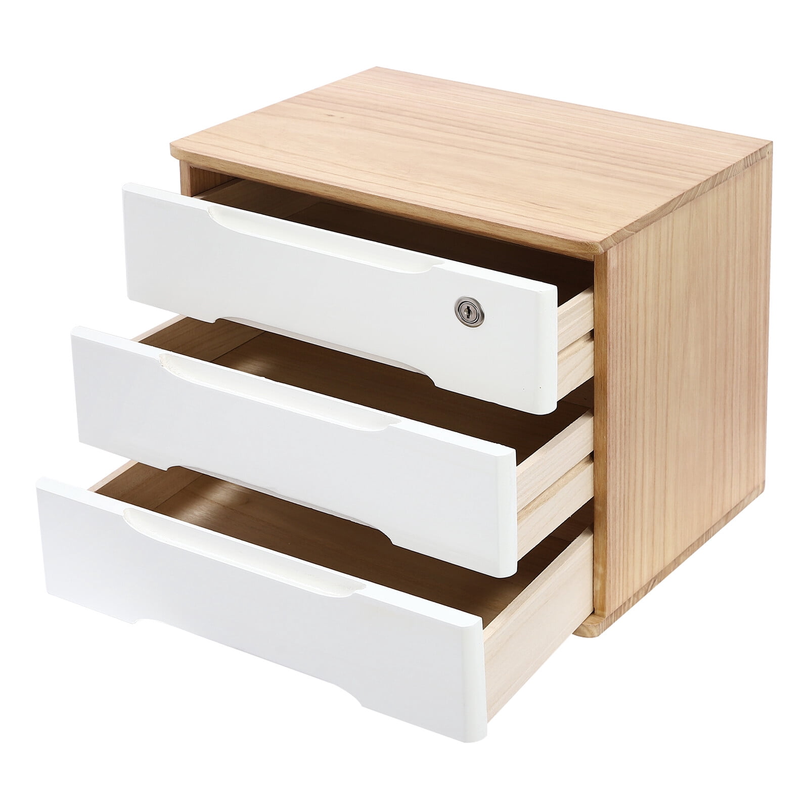 ToppiJoy 3-Tier Wooden Desktop Storage Box with Lockable Drawers, Modern Tung Wood Desk Organizer, Bamboo Storage with Keys (Wood Color, White)
