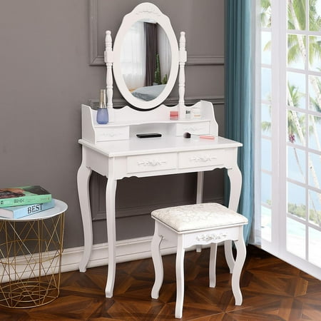 Ktaxon Elegance White Dressing Table Vanity Table and Stool Set Wood Makeup Desk with 4 Drawers & Mirror