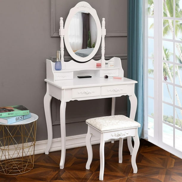 Ktaxon Elegance White Dressing Table, Vanity And Mirror With Stool