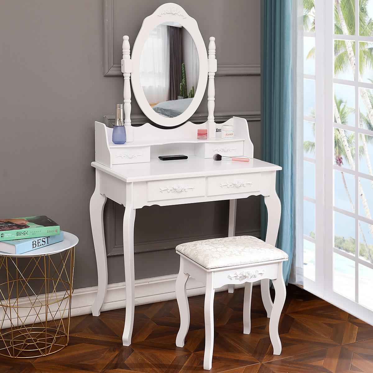 Ktaxon Elegance White Dressing Table Vanity Table and Stool Set Wood 