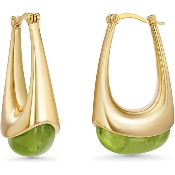 SNGIA 18K Gold Plated Oval Dangle Hoop Earrings with Green Resin Accent for Women