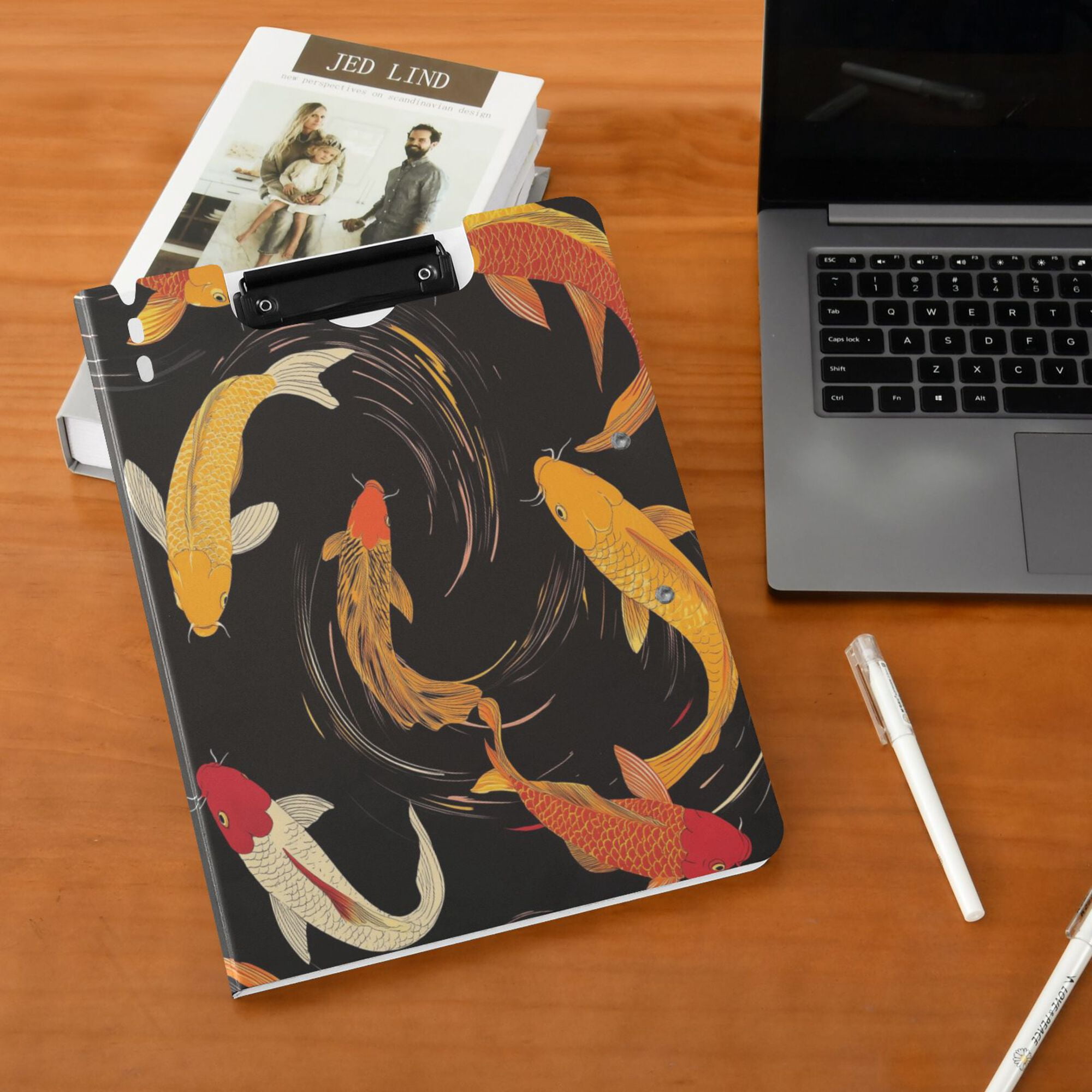 FORMRS A4 Clipboard Folder with Pen Holder Horizontal Foldable School Office Binder, Black Fish Pattern