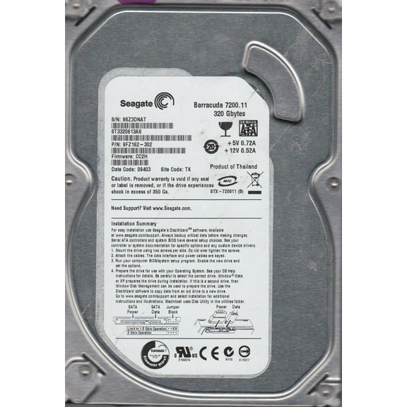 ST3320613AS, 9SZ, TK, PN 9FZ162-302, FW CC2H, Seagate 320GB SATA 3.5 Hard Drive