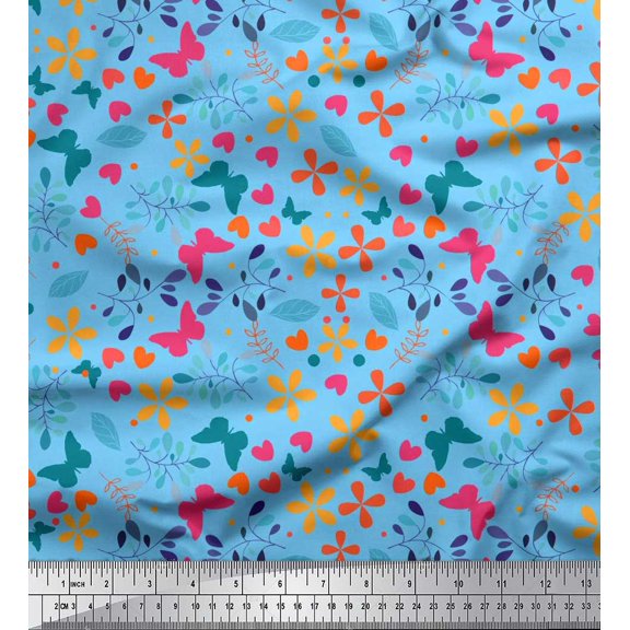 Soimoi Blue Moss Georgette Fabric Flower & Butterfly Fabric Prints by Yard 42 Inch Wide