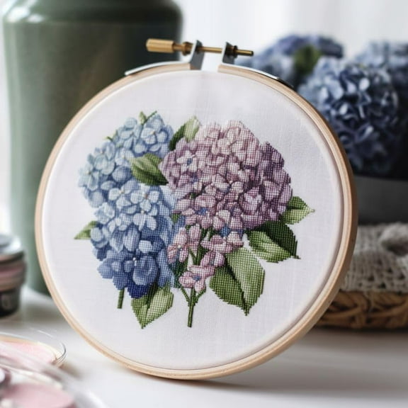 Generic Counted Easy Cross Stitch Kits Hydrangea Flowers Color Stamped Embroidery for Starter Kits DIY 11CT Stamped Patterns Embroidery Needlework Kit Supplies 12 Inch Hoop Included(92-A)
