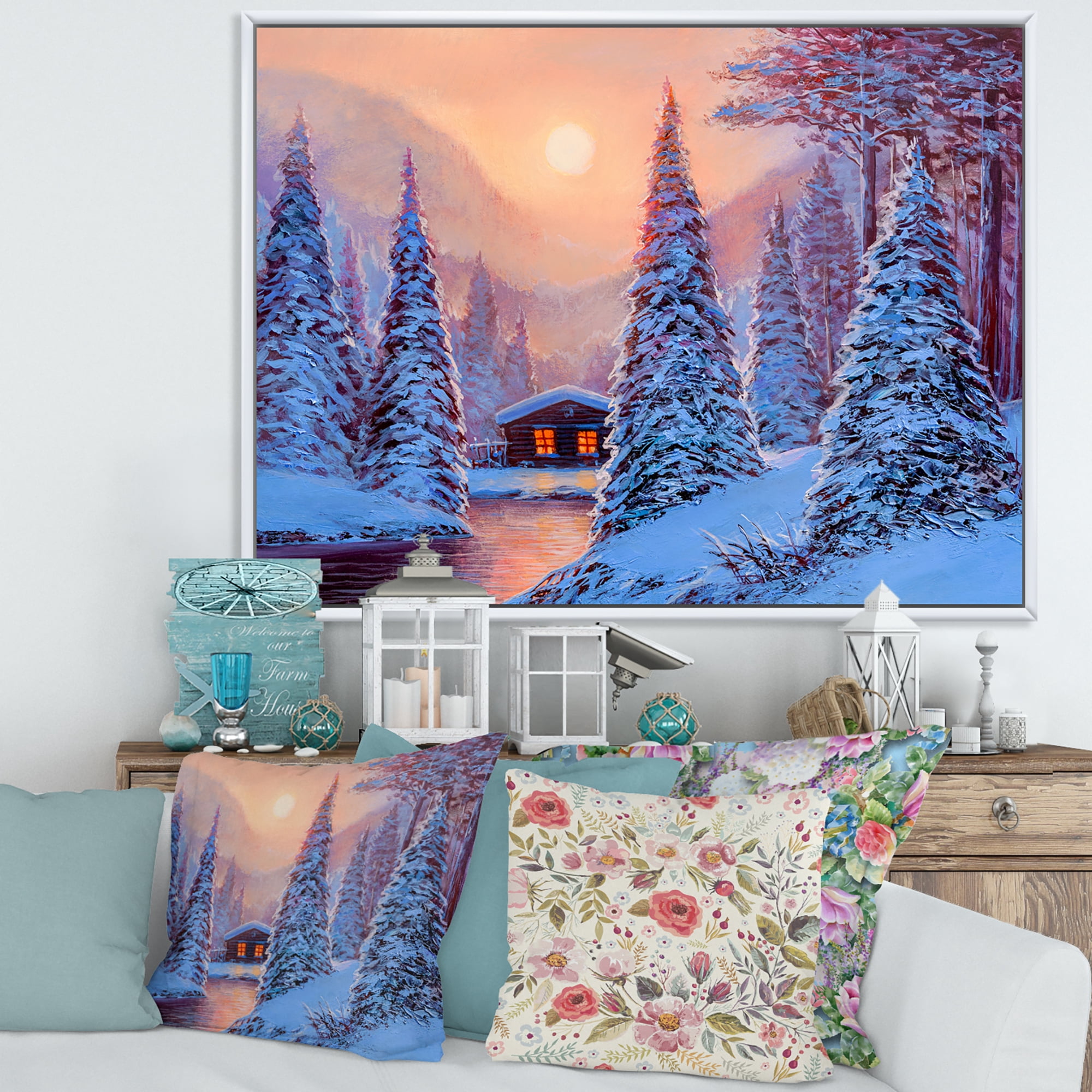 Designart 'The River House In The Woods and Winter Landscape I' Lake House Framed Canvas Wall Art Print