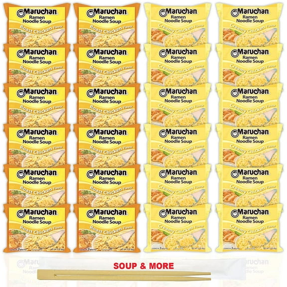 Maruchan Ramen Instant Noodle Soup Variety, 2 Flavors - 12 Packs Roast Chicken & 12 Packs Creamy Chicken , 3 Ounce Single Servings Lunch / Dinner Variety