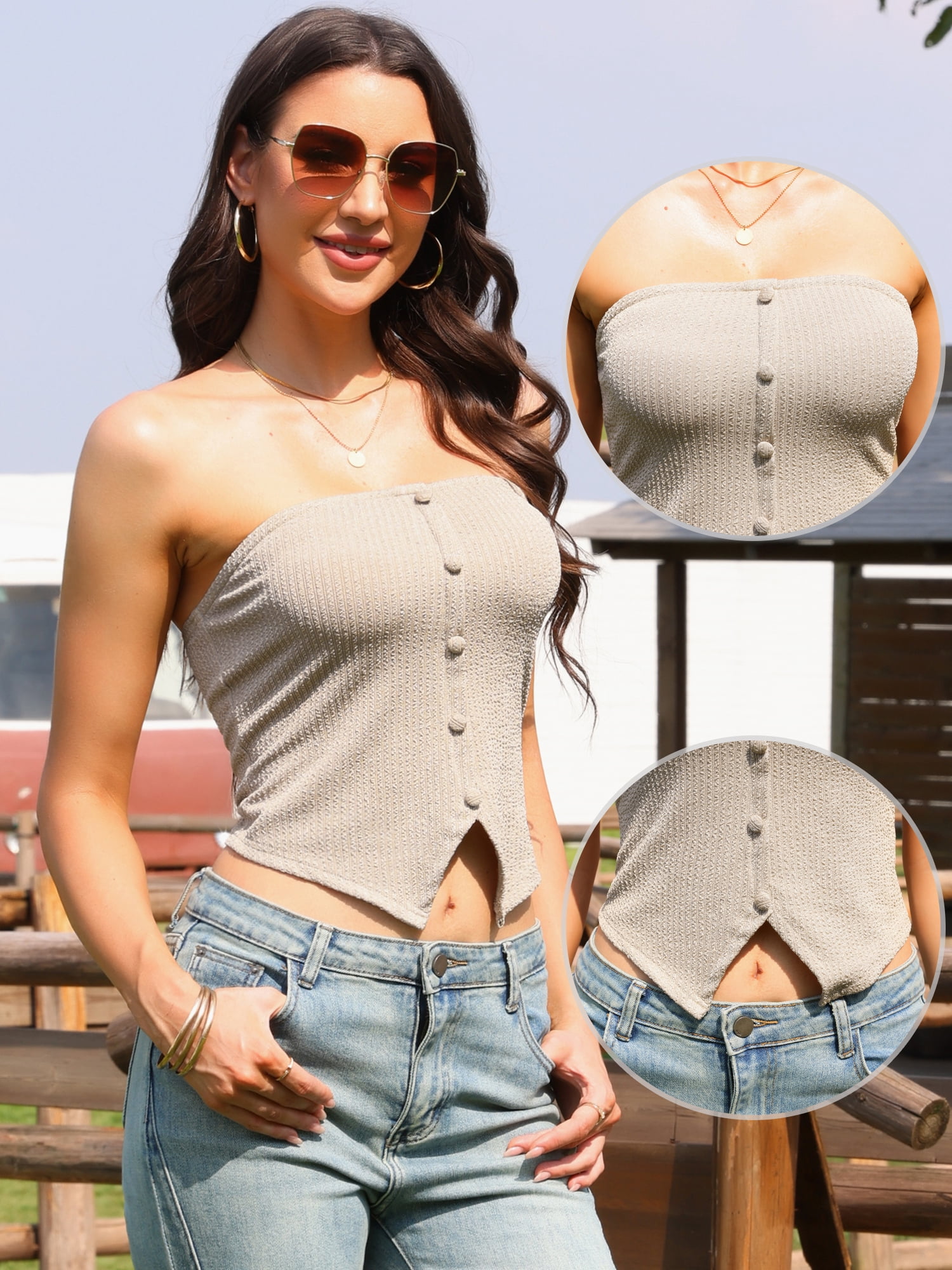 DARING DIVA Women's Knit Strapless Going Out Crop Tops S Light Khaki