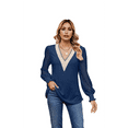 thumbnail image 3 of Women'S V Neck Shirred Mesh Flounce Long Sleeve Blouse Casual Top Blue XL, 3 of 7