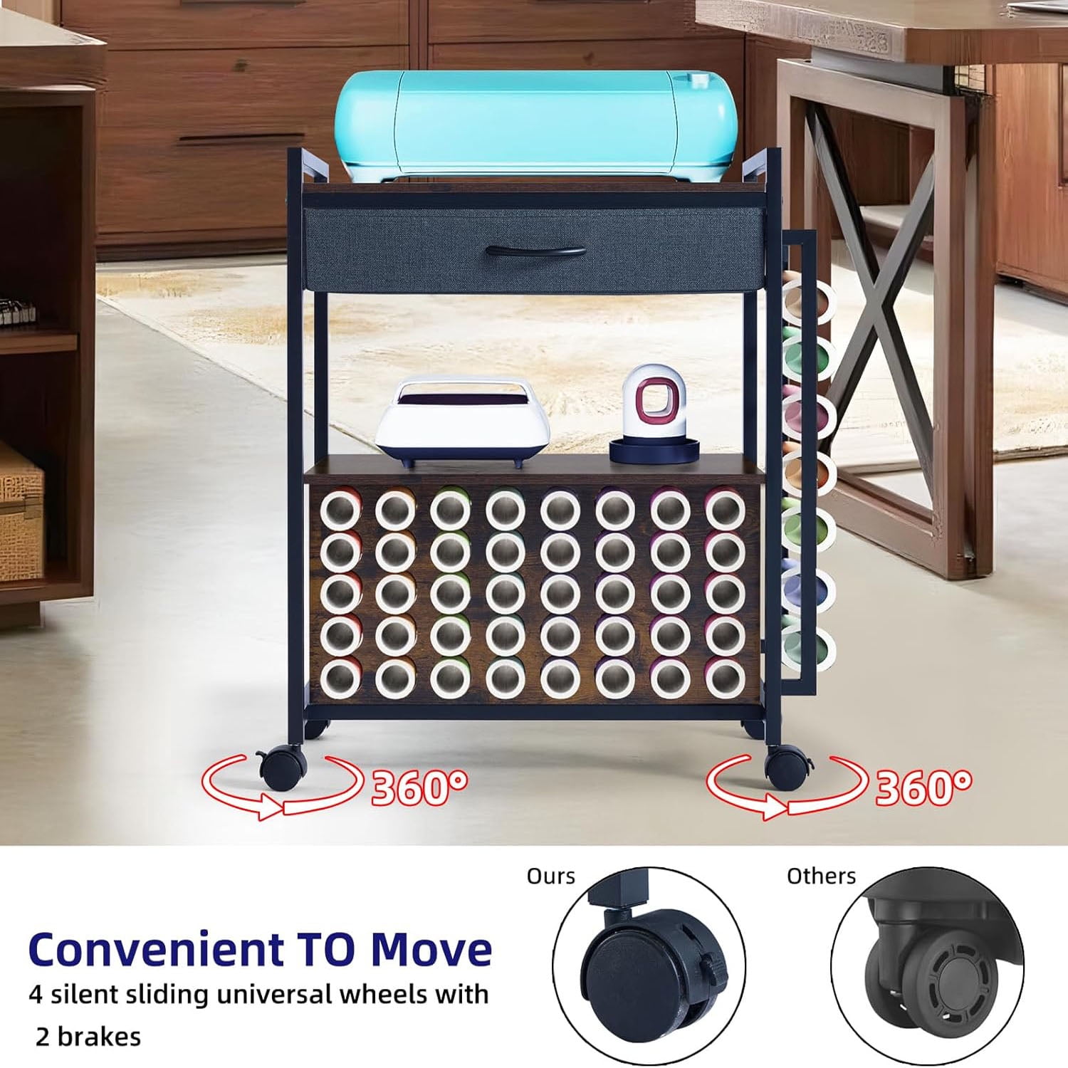 Organizers and Storage Compatible with Cricut Machines Rolling Craft Storage Cart with 47 Vinyl Roll Holders for Craft Rooms Home Removable Patent Protected 001 Black Wood Grain