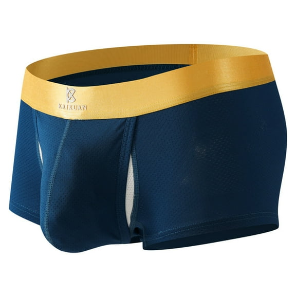 Men's Boxer Briefs - Nylon Spandex, Stretchy Breathable, Gold Logo Waistband, Mesh Texture, Dark Blue, Size L - Comfortable for Everyday & Light Sports