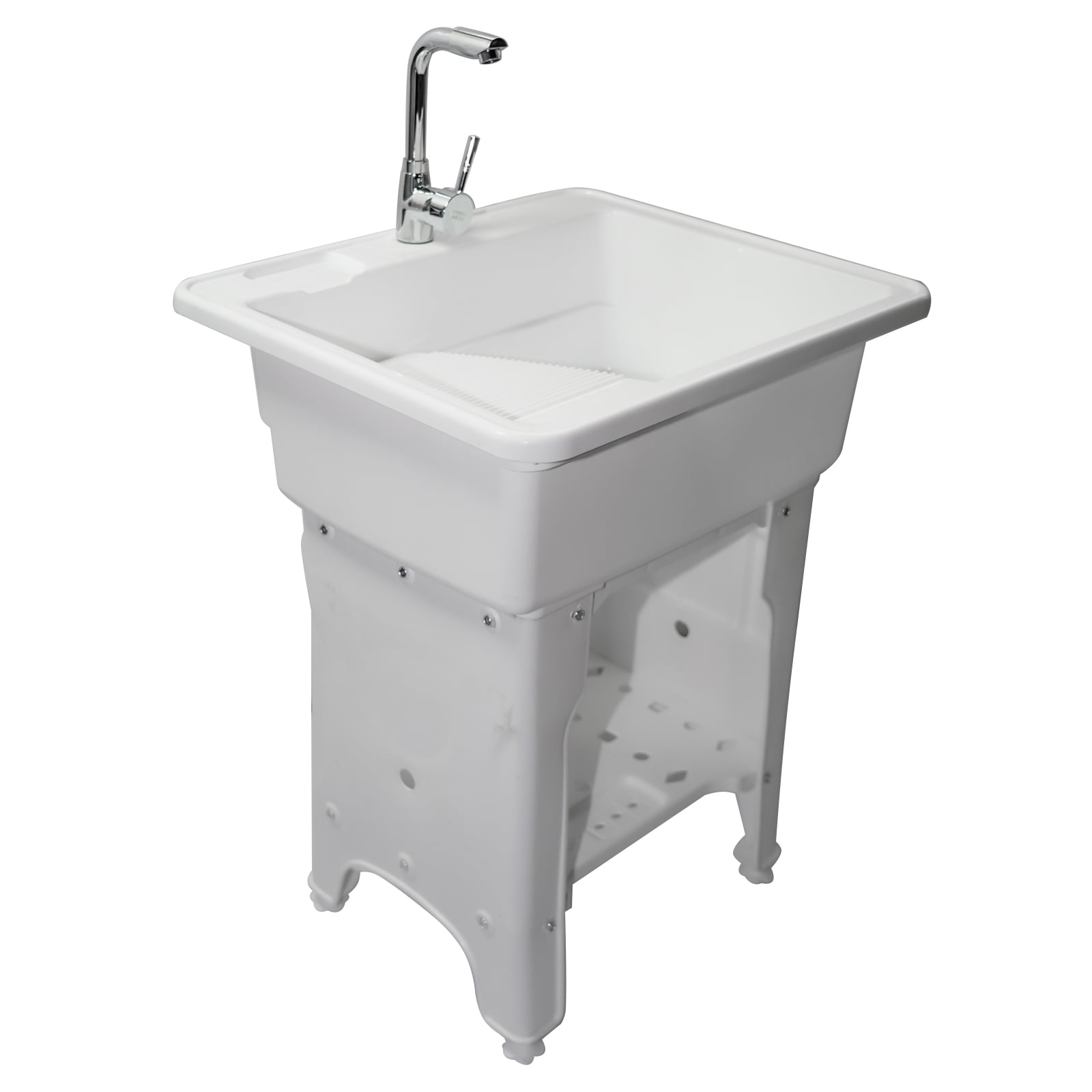 Freestanding Plastic Utility Sink Laundry Tub outdoor sink Drop in Deep sink kit with Inlet and Drain Pipe with Hot&Cold Faucet,Basement for Laundry Room&Garage or Shop,Size:31.5*22.05*31.5in(white)
