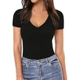 thumbnail image 4 of TAIAOJING Women's Summer Wide Leg Jumpsuits Casual Tight Solid Color V Neck Short Sleeved Bodysuit, 4 of 5