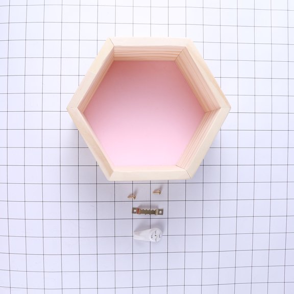 FRCOLOR Pink Wall Mounted Hexagonal Wood Rack for Books and Ornaments Decorative Honeycomb Design for Kids