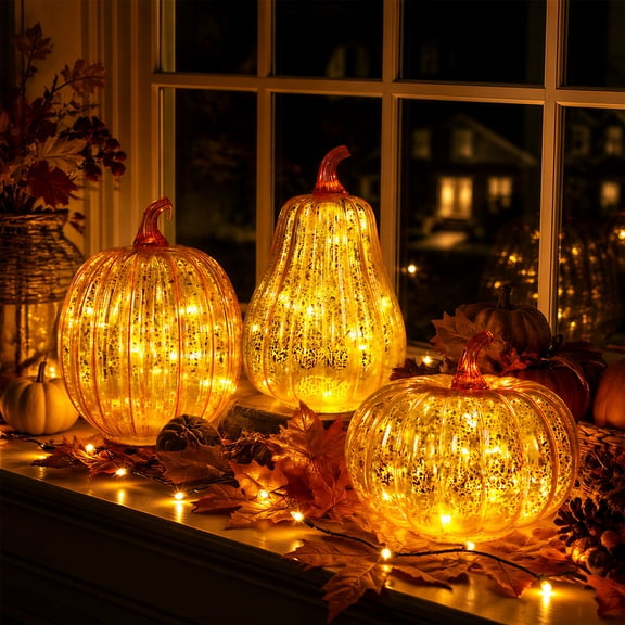3 Pack Glass Lighted Pumpkin Decor Set, Assorted Shaped Golden Crackle LED Pumpkin Lamps,Ornaments for Fall Harvest, Thanksgiving, Halloween Indoor Outdoor Decor