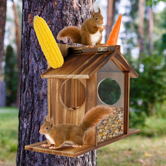 Squirrel Feeder Wooden Squirrel Feeder House Large Capacity Squirrel Feeding Stations Easy to Fill Chipmunk Feeding Station for Corn Peanuts Outside 32.5x12.5x21cm