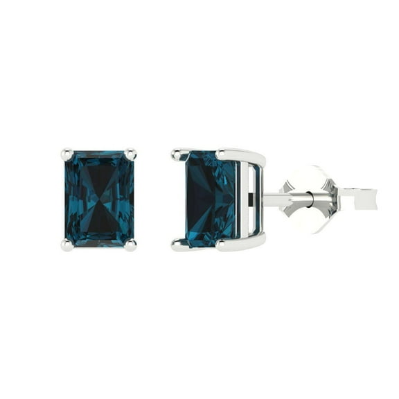 2 ct Push-Back Stud Earrings for Women | 7x5mm Emerald Cut Natural London Blue Topaz | 18K White Gold