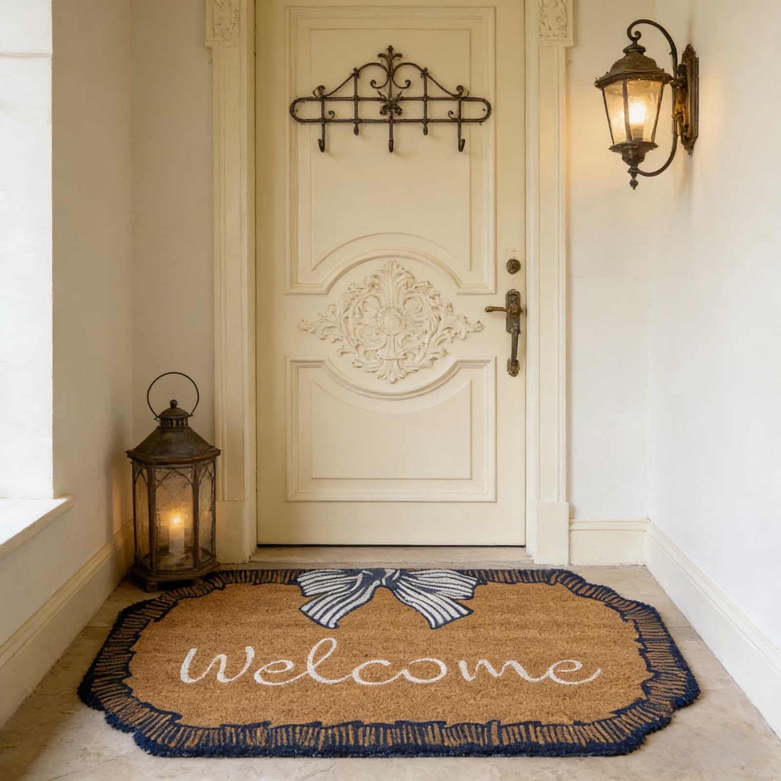 Bow Welcome Coir Outdoor Doormat, Blue and White, 35.4"×23.6"，Non-Slip Entryway Rug for Home Entrance Indoor Outdoor Use