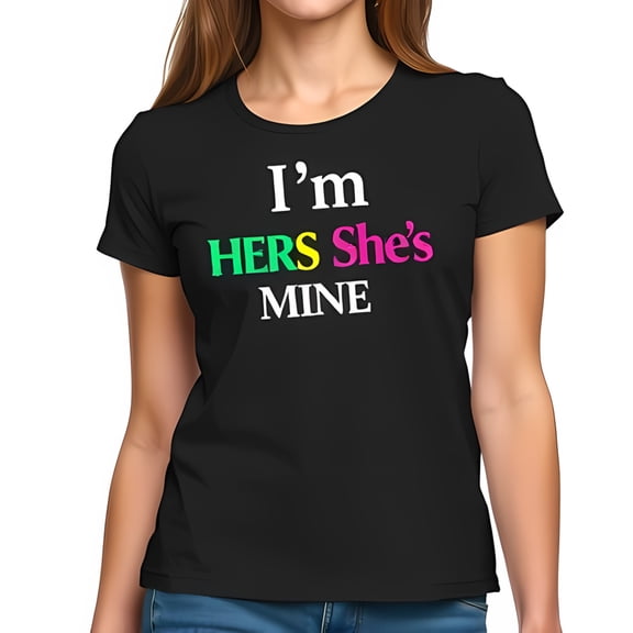 Couples Cotton Short Sleeve T-Shirt - " I'm HERS She's MINE " Playful Love Design in Green & Pink on Black