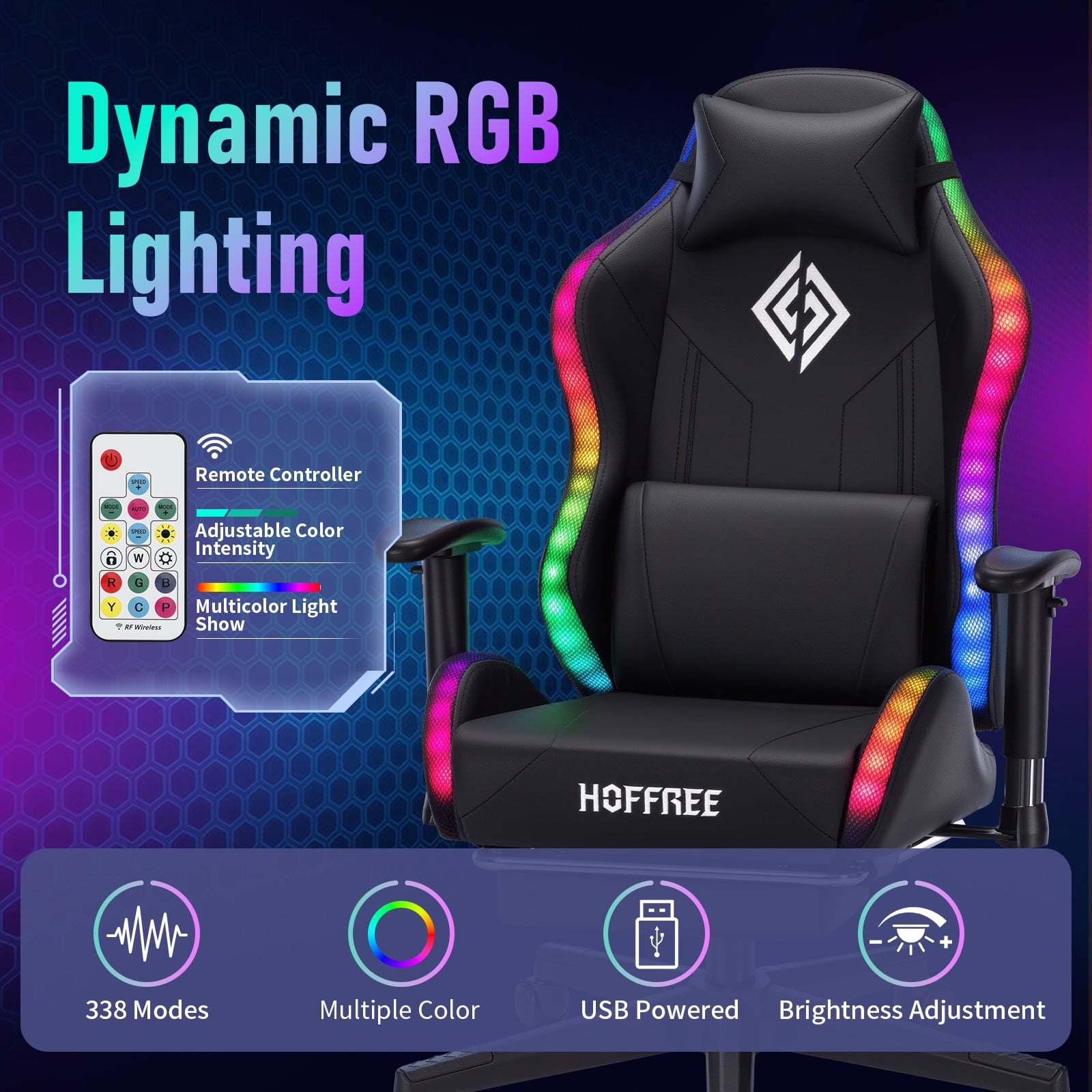 Hoffree LED Gaming Chair for Kids 8-14 Gaming Chairs for Teens with Adjustable Headrest and Lumbar Support Ergonomic PU Leather Kids Gaming Chair with Led Lights