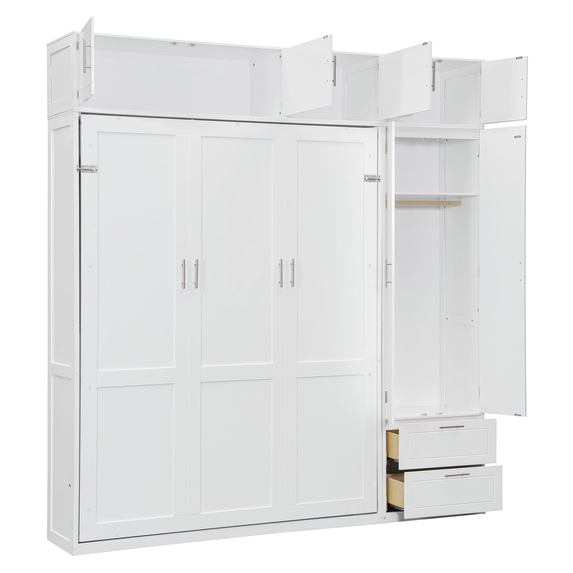 Mintazer Queen Size Murphy Wall Bed with Cabinets & Open Bookshelf, All-in-One Foldable Cabinet Bed with Side Wardrobe & 2 Storage Drawers for Small Apartment Guest Room Home Office, White