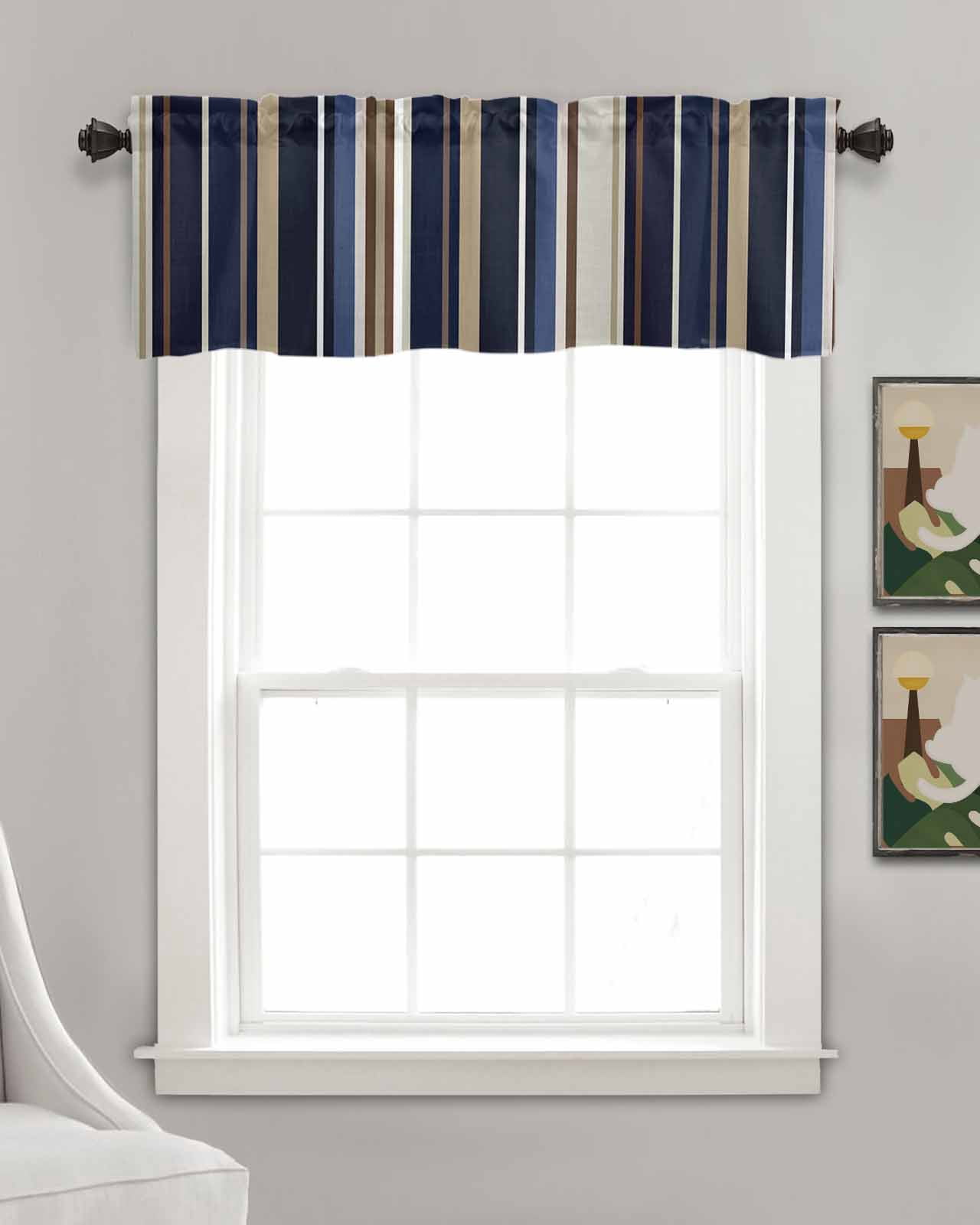 Faux Linen Valances for Windows Blue Brown Stripes Curtains Valance Light Filtering Rod Pocket Small Window Treatment for Kitchen Living Room Bedroom 54x18In