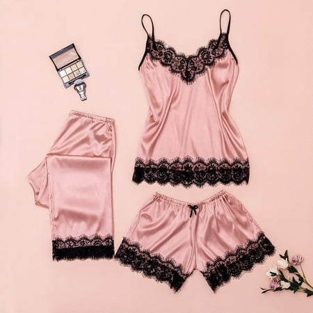 

WGOUP 3PC Women Lace Satin Sleepwear Lingerie Camisole Bow Trousers Casual Pajamas Pink
