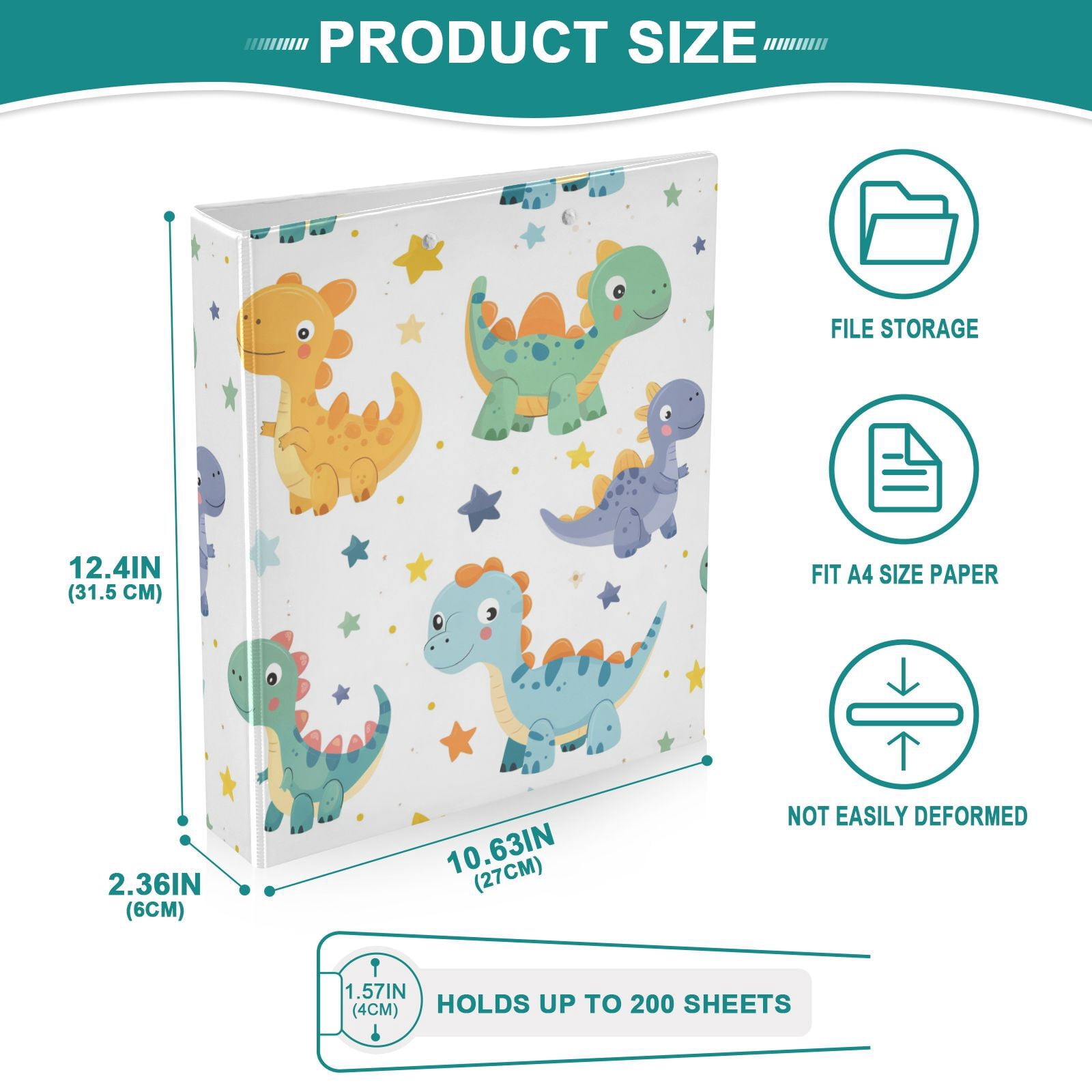 ALAZA Dinosaur Dino Cartoon Stars 3 Ring Binder 1.5 Inch Three Ring Office Binders w/ clipboard & 3 pockets, Hold 200 Sheets, 1 pc