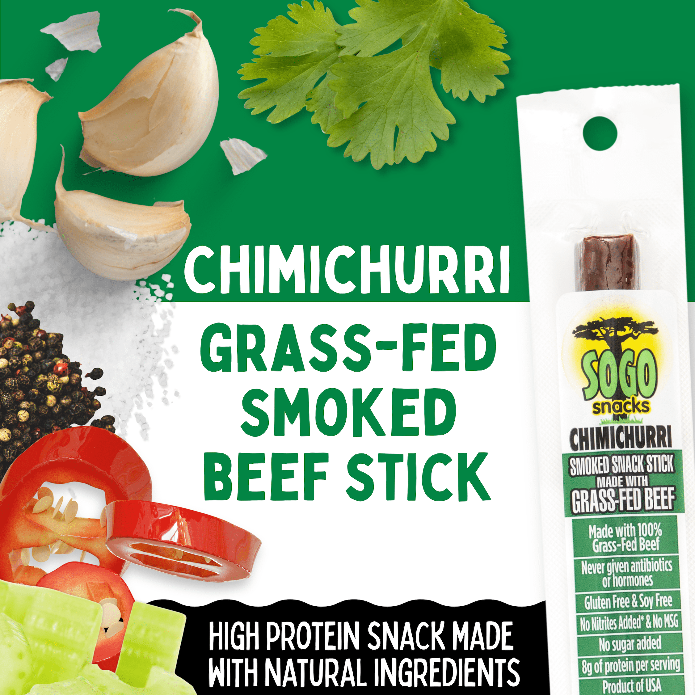 Chimichurri, Sogo Snacks, No Sugar, Low Carb, 100% Grass-fed, Non-GMO Beef Sticks. Gluten Free Snack, Hiking and Road Trip Snacks. Keto, Whole, Paleo Friendly (Chimichurri, 1-oz, 24 Count)