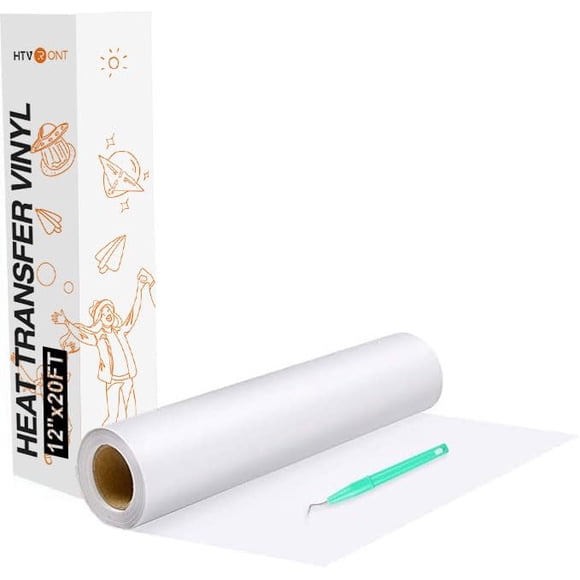 Heat Transfer Vinyl White HTV Rolls - 12" x 20ft White Iron on Vinyl for All Cutter Machine, HTV Vinyl for Shirts - Easy to Cut & Weed for Heat Trans
