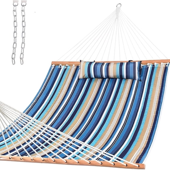 Double-Sized Polyester Quilted Hammock Featuring a Hardwood Spreader Bar And Pillow, Capable of Supporting Up to 450 Pounds (Stands Not Included)