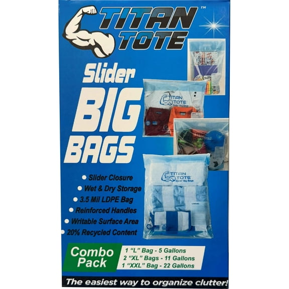 Titan Totes Christmas Combo Pack of Storage Slider Big Bags with Handles, 5 Gallon - 1 Bag, 11 Gallon - 2 Bags, 22 Gallon - 1 Bag per Carton
