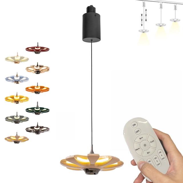 FSLiving Adjustable Height Track Pendnat Light J-Type Retractable Lift Track Pendnat Light by Remote Control with Stepless Dimming Flower Lamp for Kitchen Island Restaurant Dining Room,Brown - 1 Light