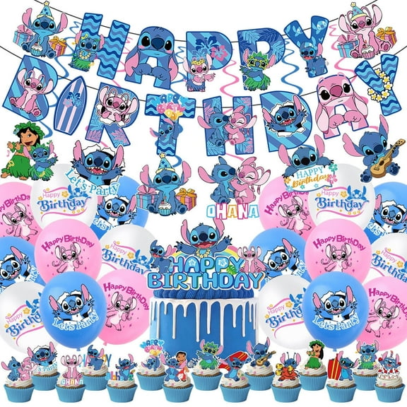 Stitch Party Supplies Pack Includes，Banner，Cake Topper，Balloons for Stitch party Decoration plates.