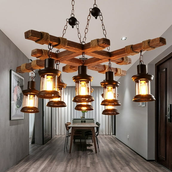 Wildnix Pendant Lights with Adjustable Height – Vintage Industrial Style, 8 Bulbs, Wood and Glass Design, Waterproof, Wide Illumination Range (10-25m²), Perfect for Homes and Cafes