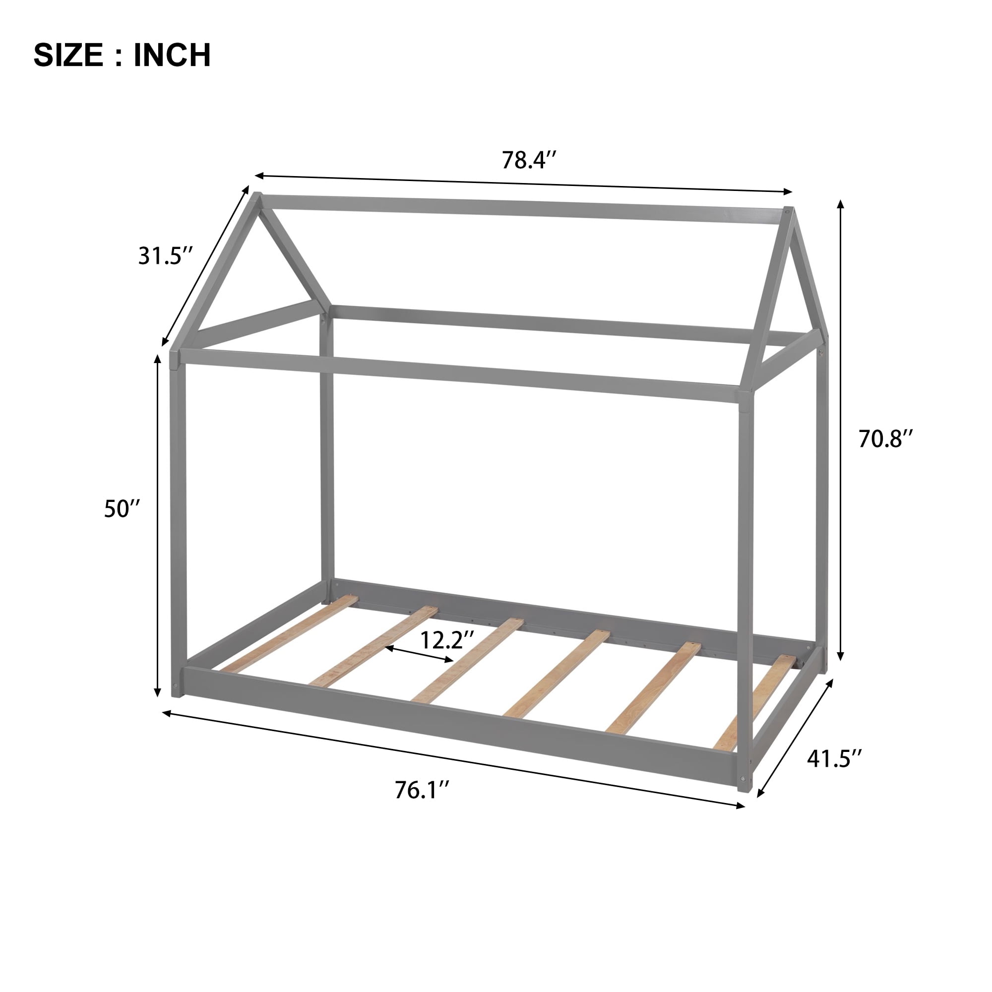 Gewnee Wood Twin Size Kids House Bed Frame,Montessori Floor Bed for Toddler,Gray