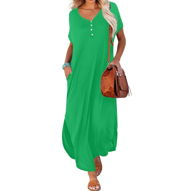 Fankiway Robe d'Été Décontractée à Manches Courtes Col en V pour Femmes Robe de Plage Maxi Décontractée avec Poches Robes pour Femmes Grande Taille Liquidation Robes d'Été pour Femmes Manches Courtes