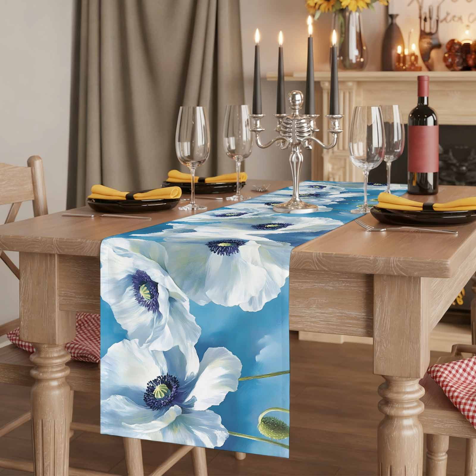White Blue Floral 90 Inch Table Runner, Vintage Painting Art Country Spring Farmhouse Dresser Scarf Cotton & Linen Tablerunner for Dining/Kitchen Island/Holiday Party Décor 13" x 90"
