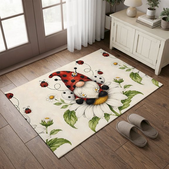 Entryway Rug 2'x3', Gnomes Sunflowers Kitchen Runner Rugs Non-Slip Carpet Mats, Fantasy Daisy Floral Bee Natural Rustic Bedside Rugs Runners Washable Floor Carpet for Bathroom Laundry Room
