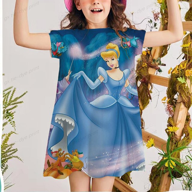7.8.9.12-year-old Girl Little Mermaid Princess Dress Fashion Cute Summer Girl Vestido de manga corta Print Casual Dress6T Gao Jinjia LED